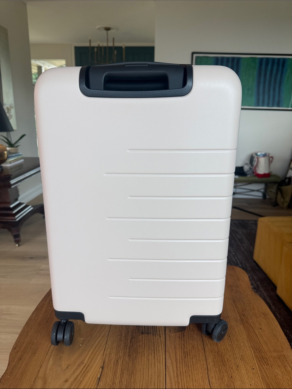Quince Cream Color Spinner Carry-On with Black Accents EUC
